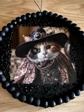 Hand Crafted Black Beaded Framed Cat Portrait